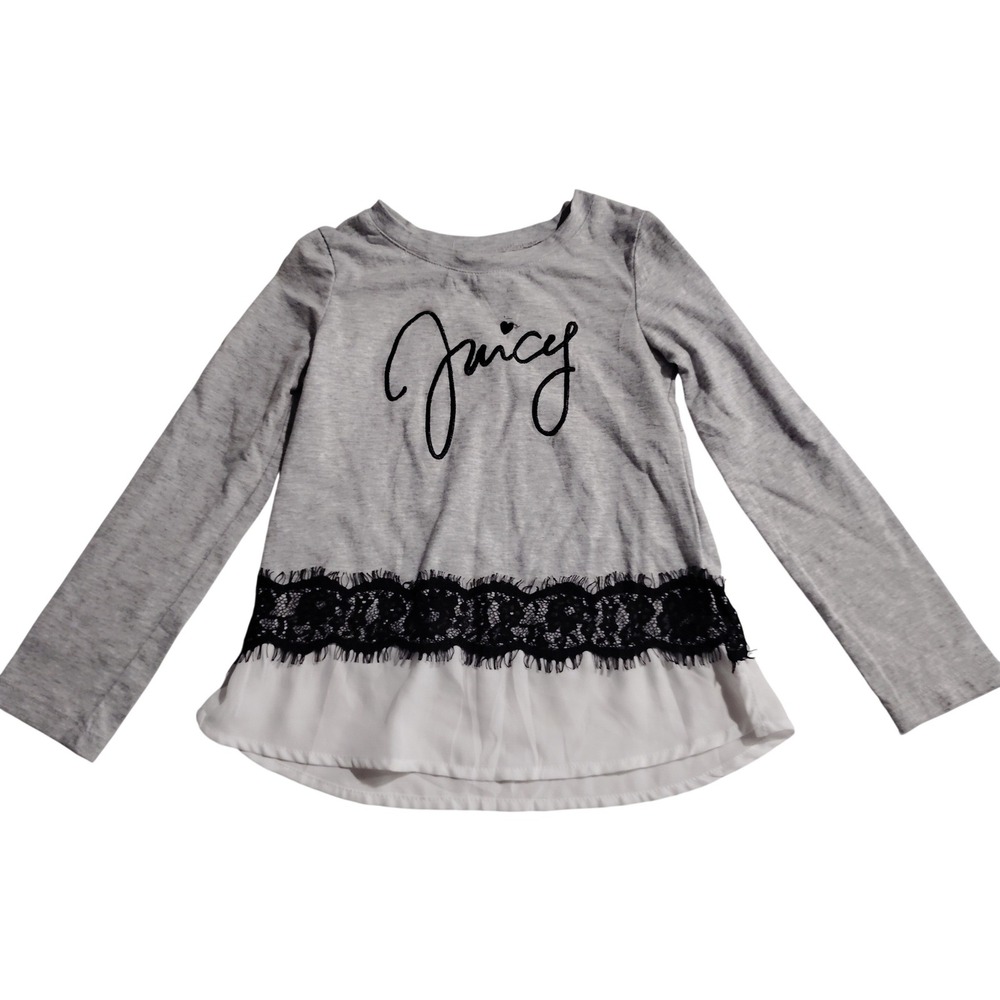 Juicy Couture Girls Size 6 Gray Long Sleeve Top Lace Trim Layered Hem Graphic